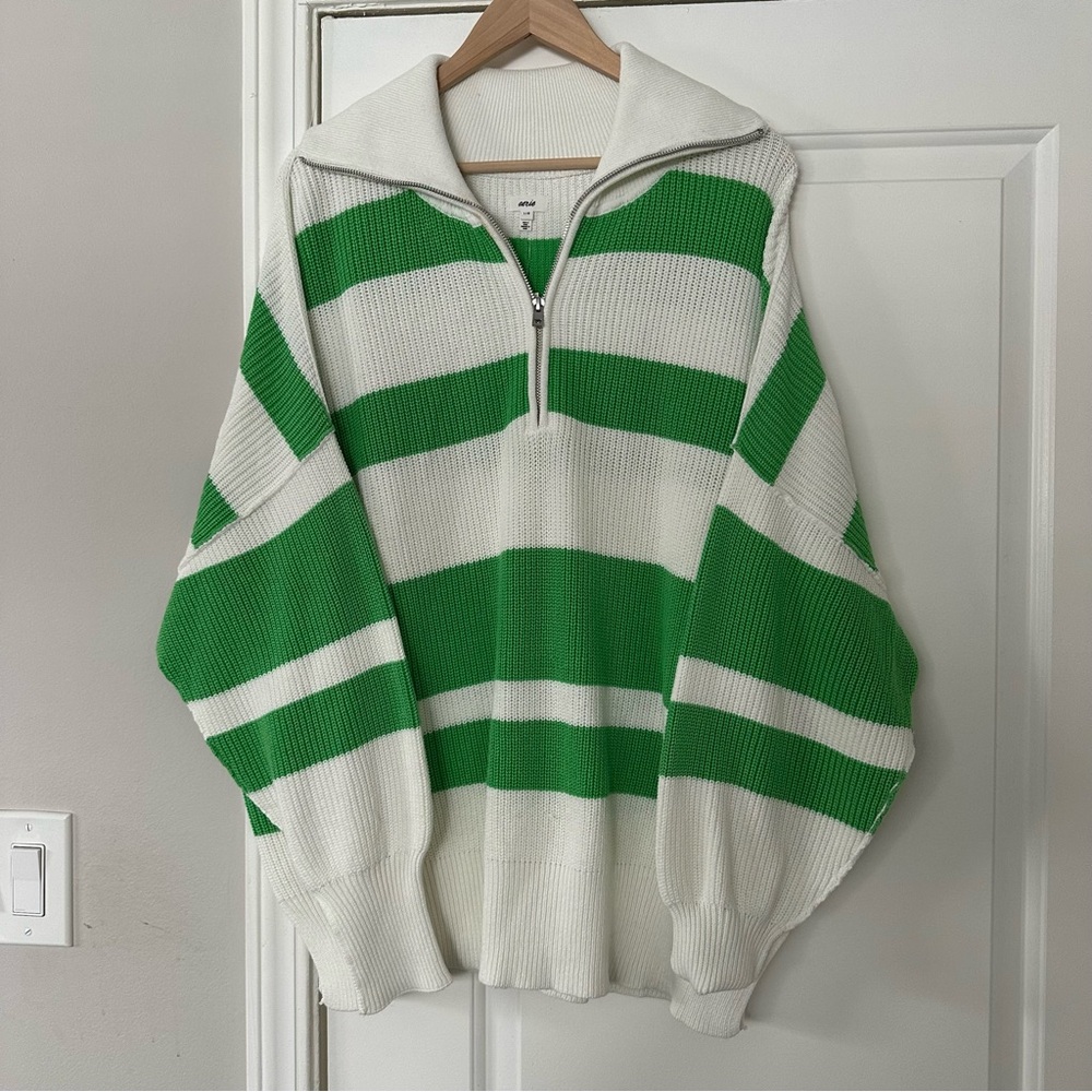 NWT Aerie Oversized Beyond Quarter Zip Sweater, Green and White Striped, Large - Picture 4 of 14